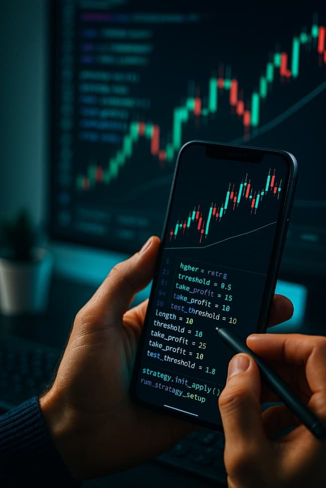 Annotated Pine Script code overlayed on a live market chart